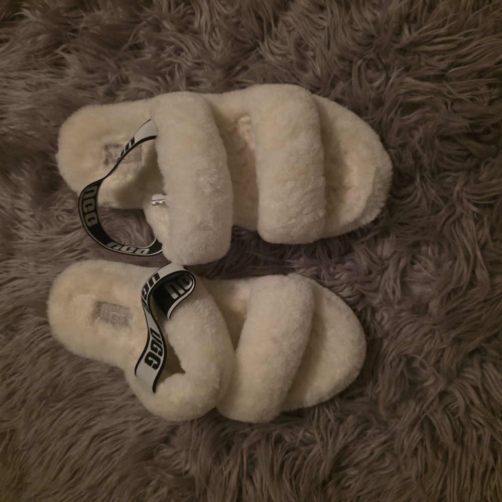UGG White Plush Slippers Double Strap Design